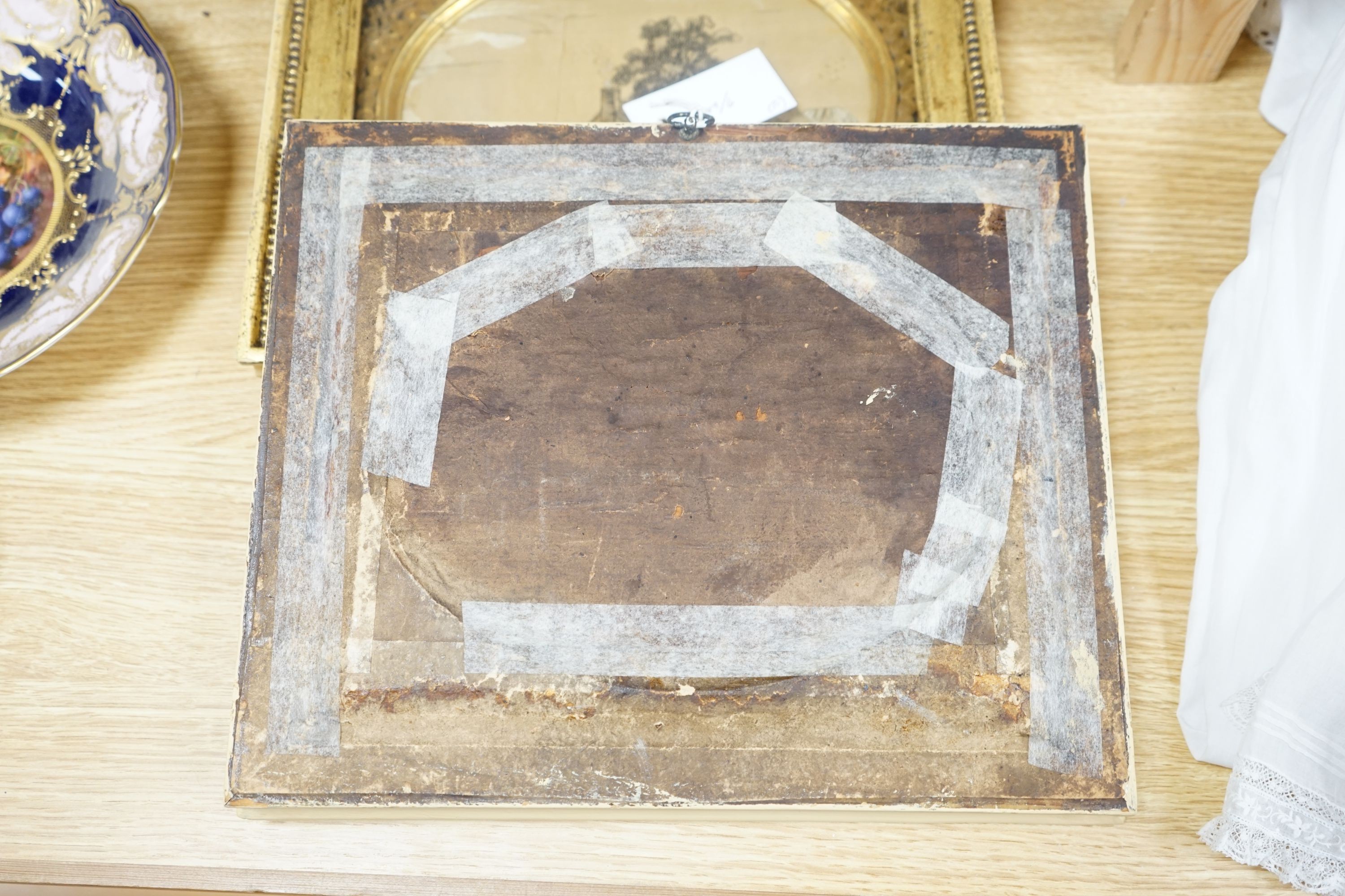A pair of late Georgian rolled paperwork frames, containing embroidered silk pictures, 28x33cm external